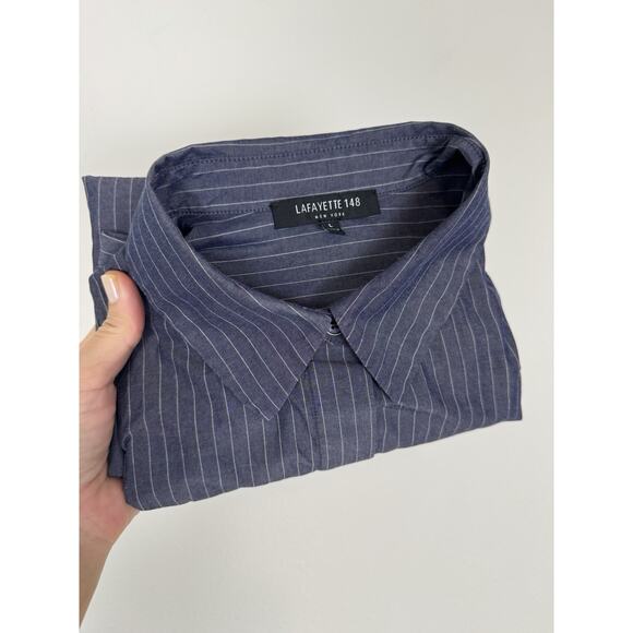 Lafayette 148 Poplin Blouse Shirt Blue Pinstripe Button Up L - Picture 1 of 7